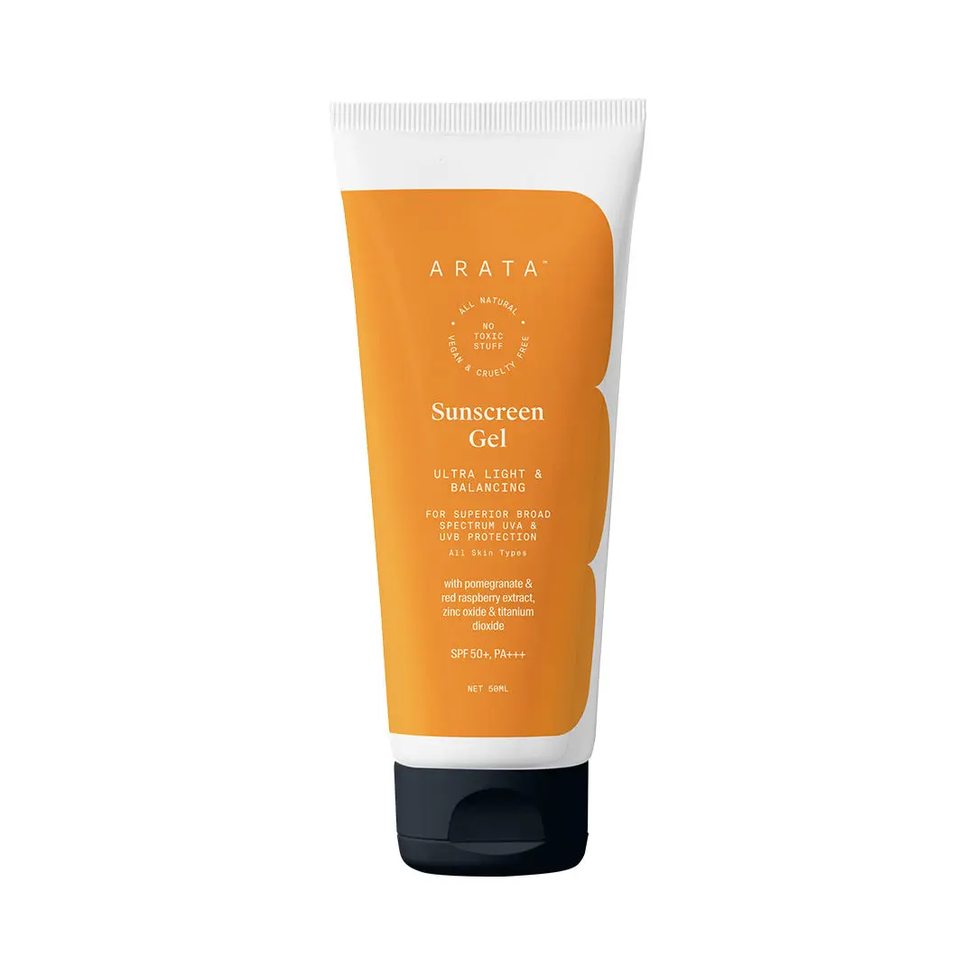 Arata Sunscreen Gel, Ultra Light & Balancing, For Broad Spectrum UVA & UVB Protection (50 ML) | SPF 50+ & PA+++ | With Pomegranate & Red Raspberry | All Skin Types | All-Natural, Non-Toxic