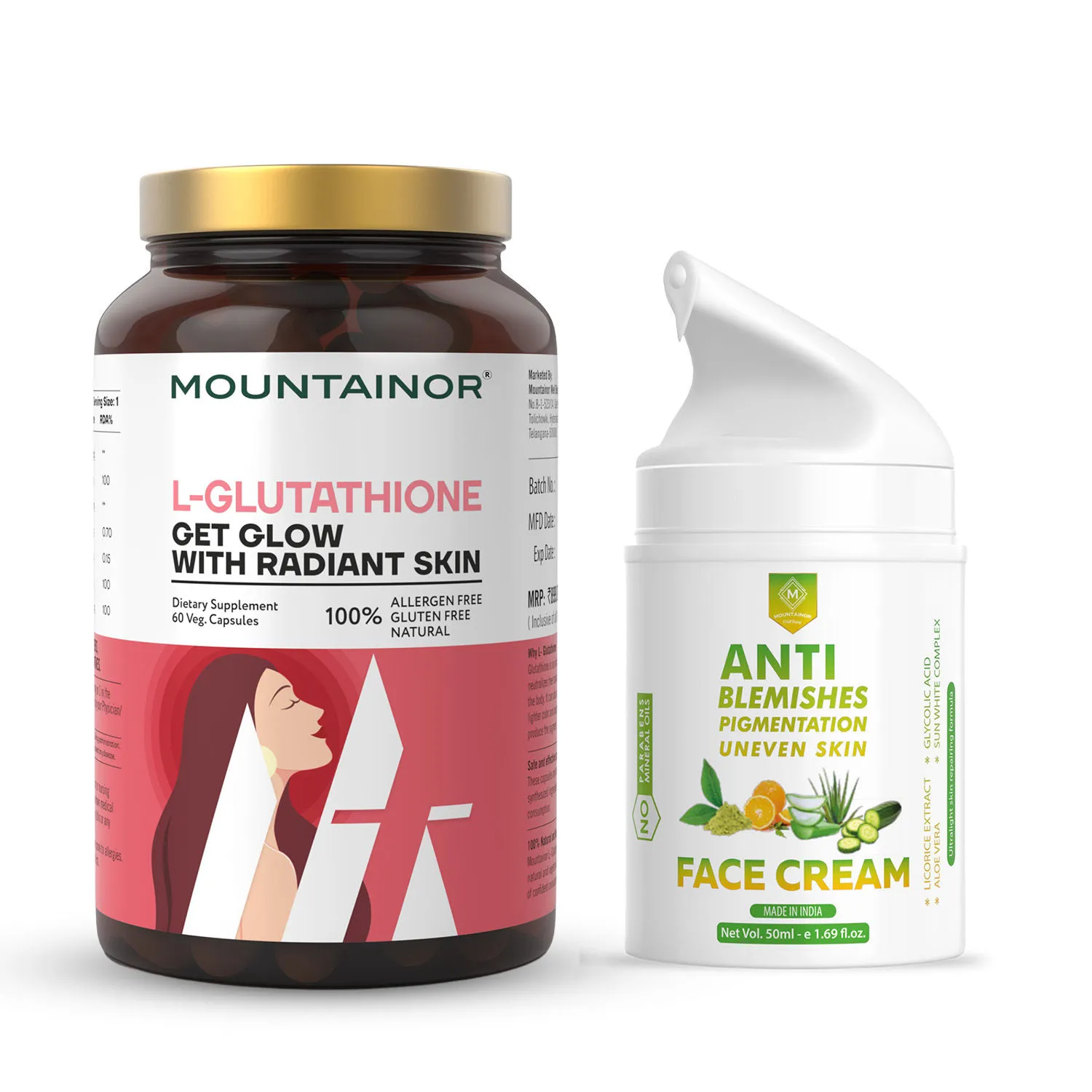 MOUNTAINOR L Glutathione Capsules + Anti Blemishes Cream For Skin Lighting & Spot Correction