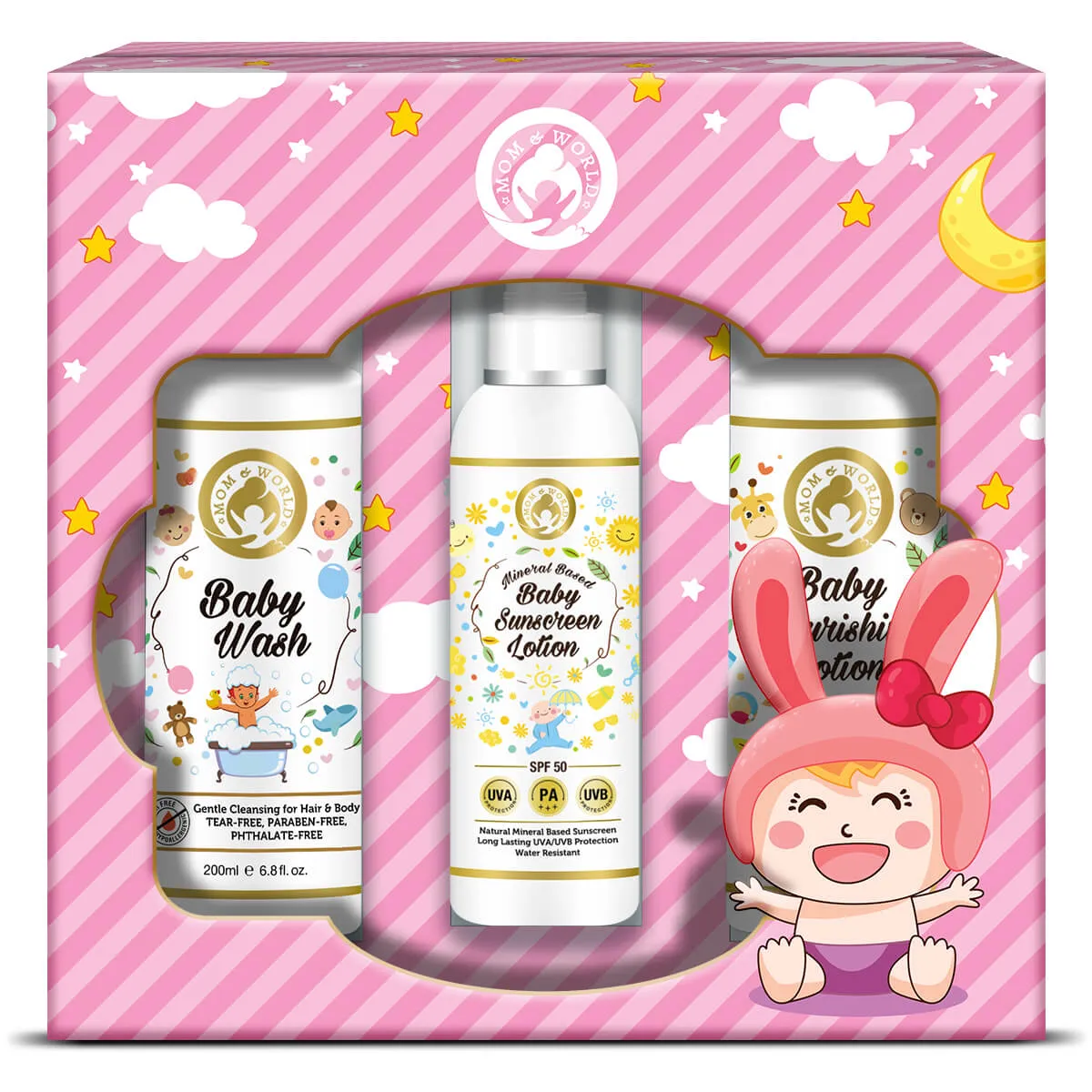 Mom & World Baby Girl Kit: Wash + Baby Sunscreen Lotion + Baby Nourishing Lotion