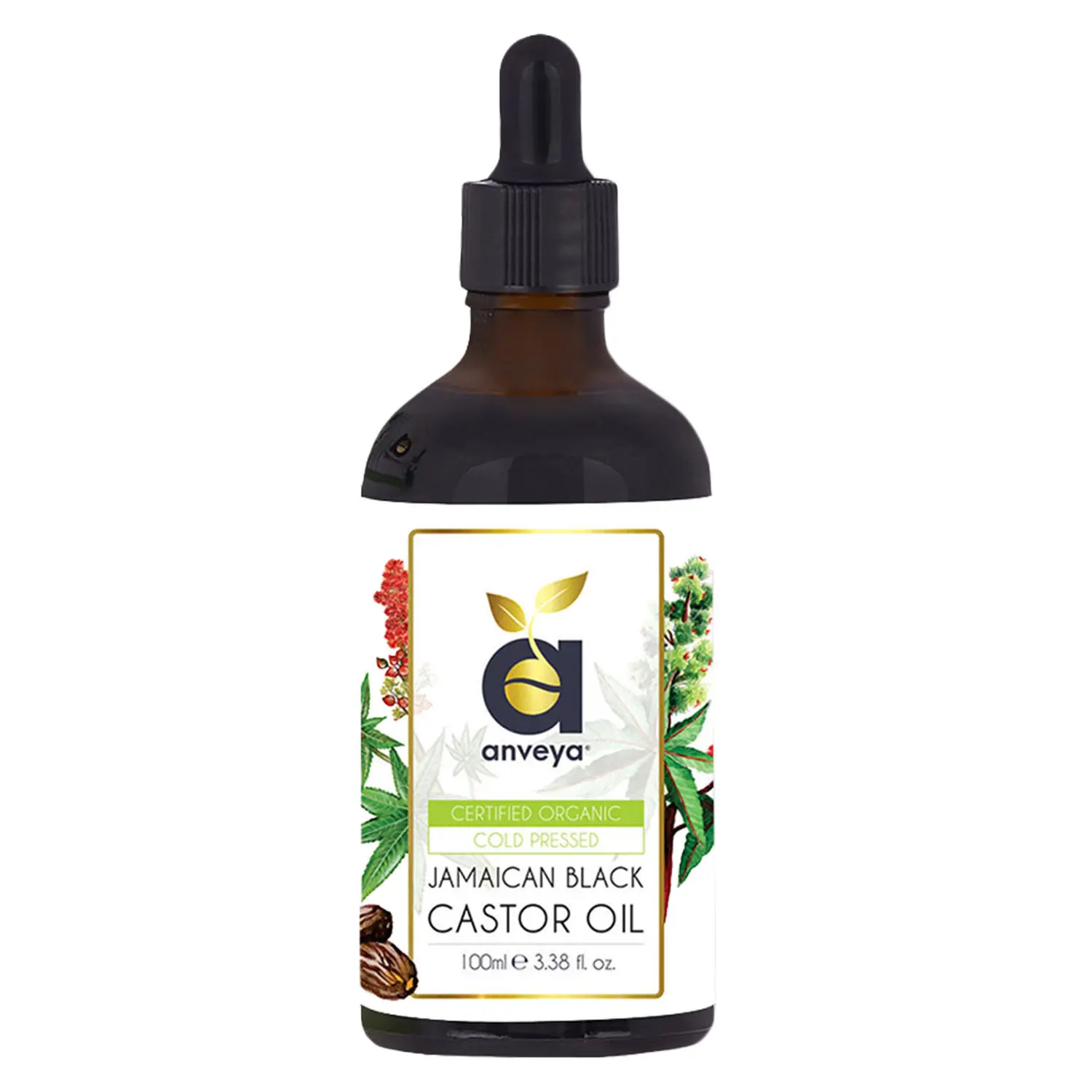 Anveya Jamaican Black Castor Oil, Cold-Pressed Organic, 100ml - Hair Growth, Beard, Eyebrows & Skin