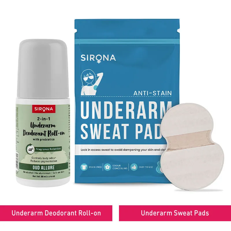 Sirona 2-in-1 Deodorant Underarm Roll On (Oud Allure) & Sweat Pads Combo