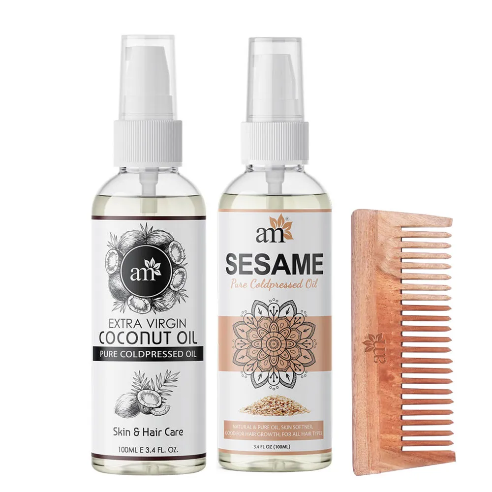 AromaMusk Organic 100% Pure Cold Pressed Coconut & Sesame Oil with Wide Tooth Neem Wood Comb