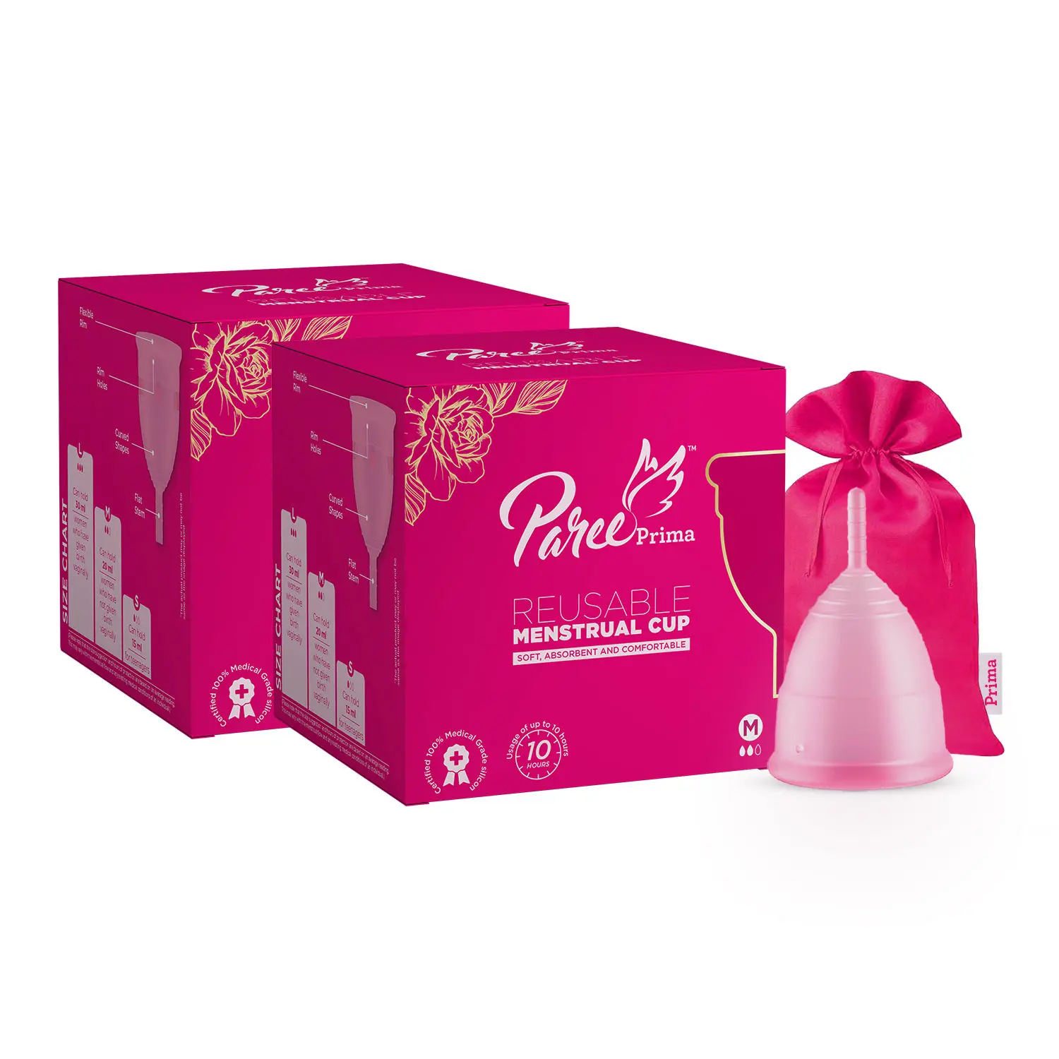 Paree Prima Reusable Menstrual Cup with protection Pouch| Medium Size | 100% Medical Grade Silicon|Super Soft ,Rash and Leak Free|Upto 10 Hour Protection| FDA approved | Combo of 2