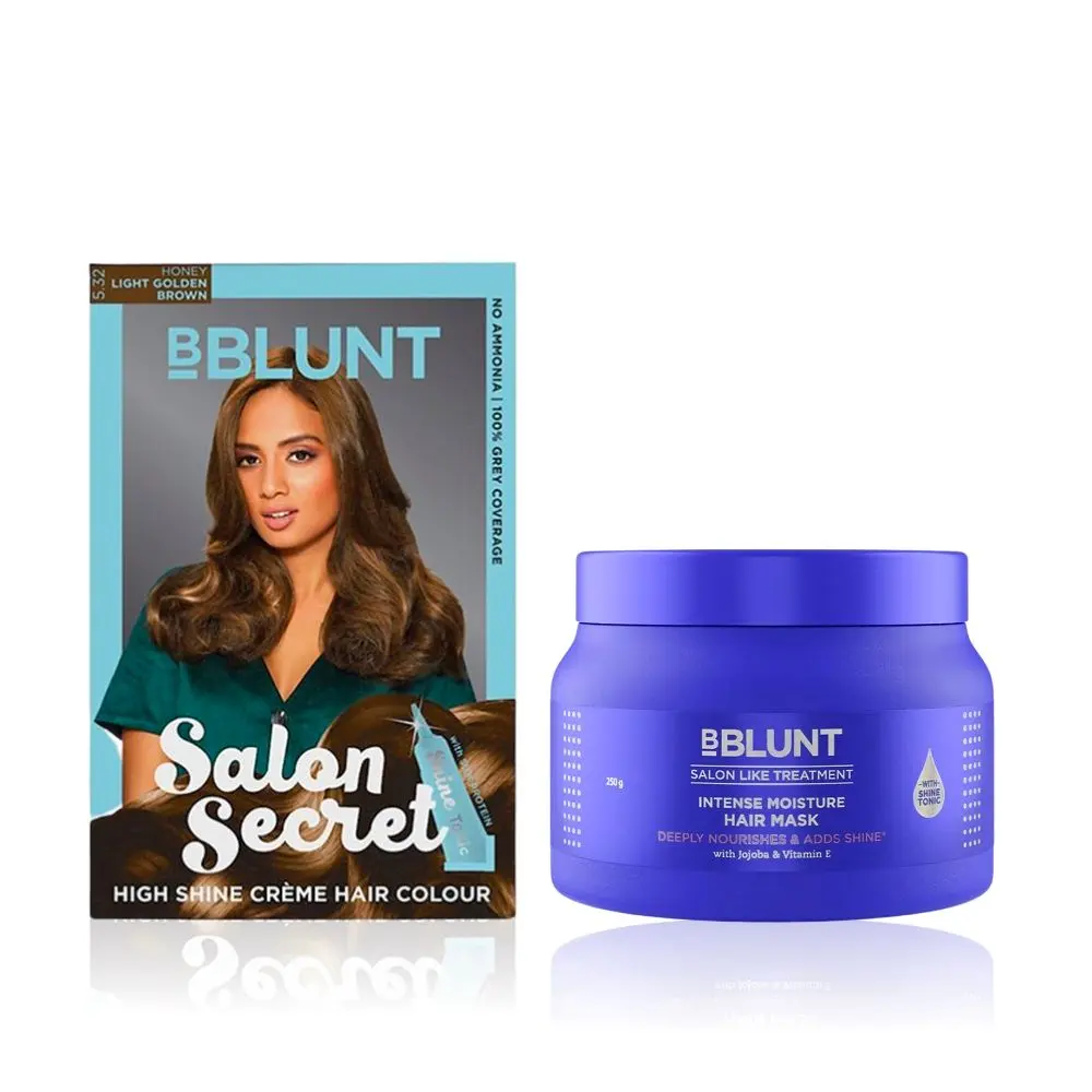 BBLUNT Salon Secret High Shine Creme Hair Colour Light Golden Brown 5.32 (100 g) With Shine Tonic (8 ml)+Intense Moisture Hair Mask with Jojoba Oil & Vitamin E for Nourished & Shiny Hair - 250 g