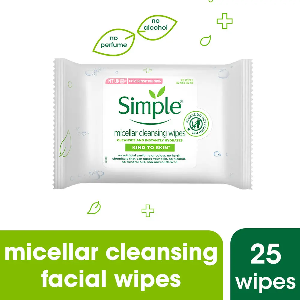 Simple Kind to Skin Micellar Cleansing Wipes| Facial wipes for sensitive Skin | No Added Perfume, No Harsh Chemicals, No Artificial Color and No Alcohol | 25 wipes