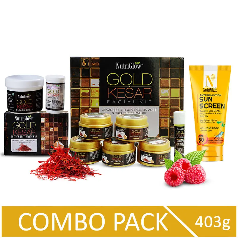 NutriGlow Gold Kesar Facial Kit (260 gm)/ Bleach Cream (43 gm) and Advanced Organics Sun Screen SPF 50 (100 ml)