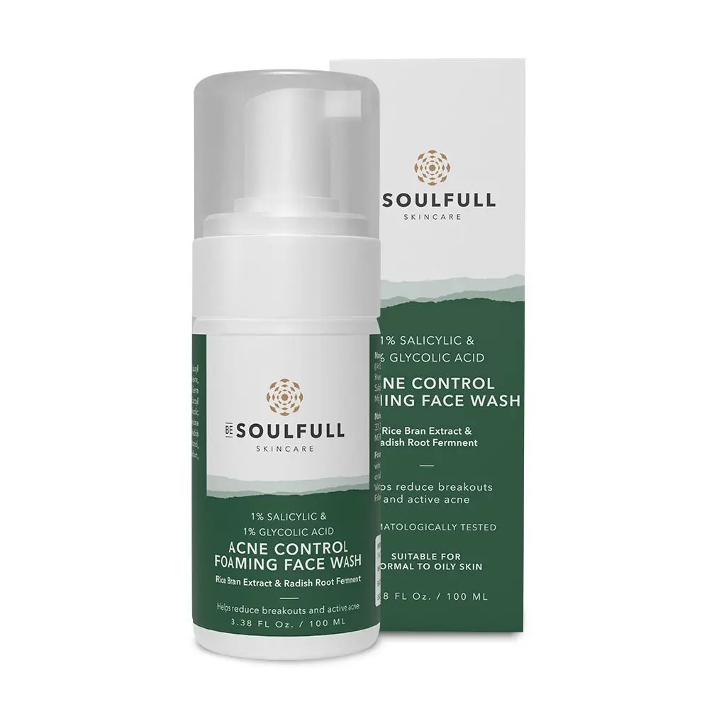 Be Soulfull Anti-Acne Foaming Face Wash | Face wash with 1% Salicylic Acid, 1% Glycolic Acid, Rice Bran Water & Radish Root Ferment | Controls oil, treats active acne | 100ML