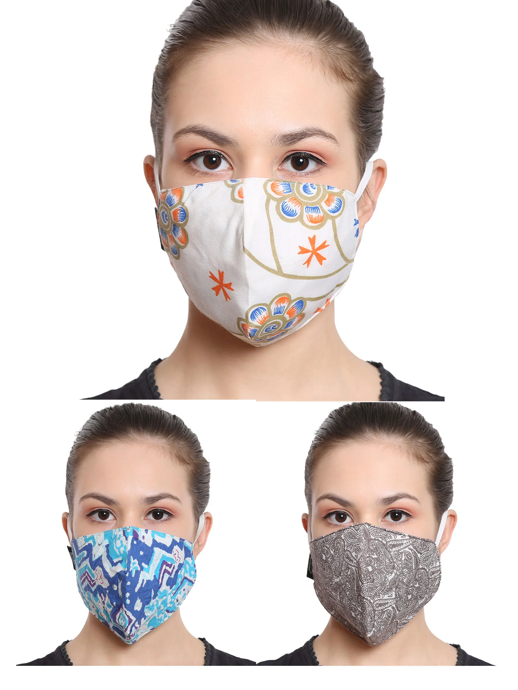 Anekaant Multicolor 3-Ply Reusable Cotton Fabric Fashion Mask (Pack Of 3)