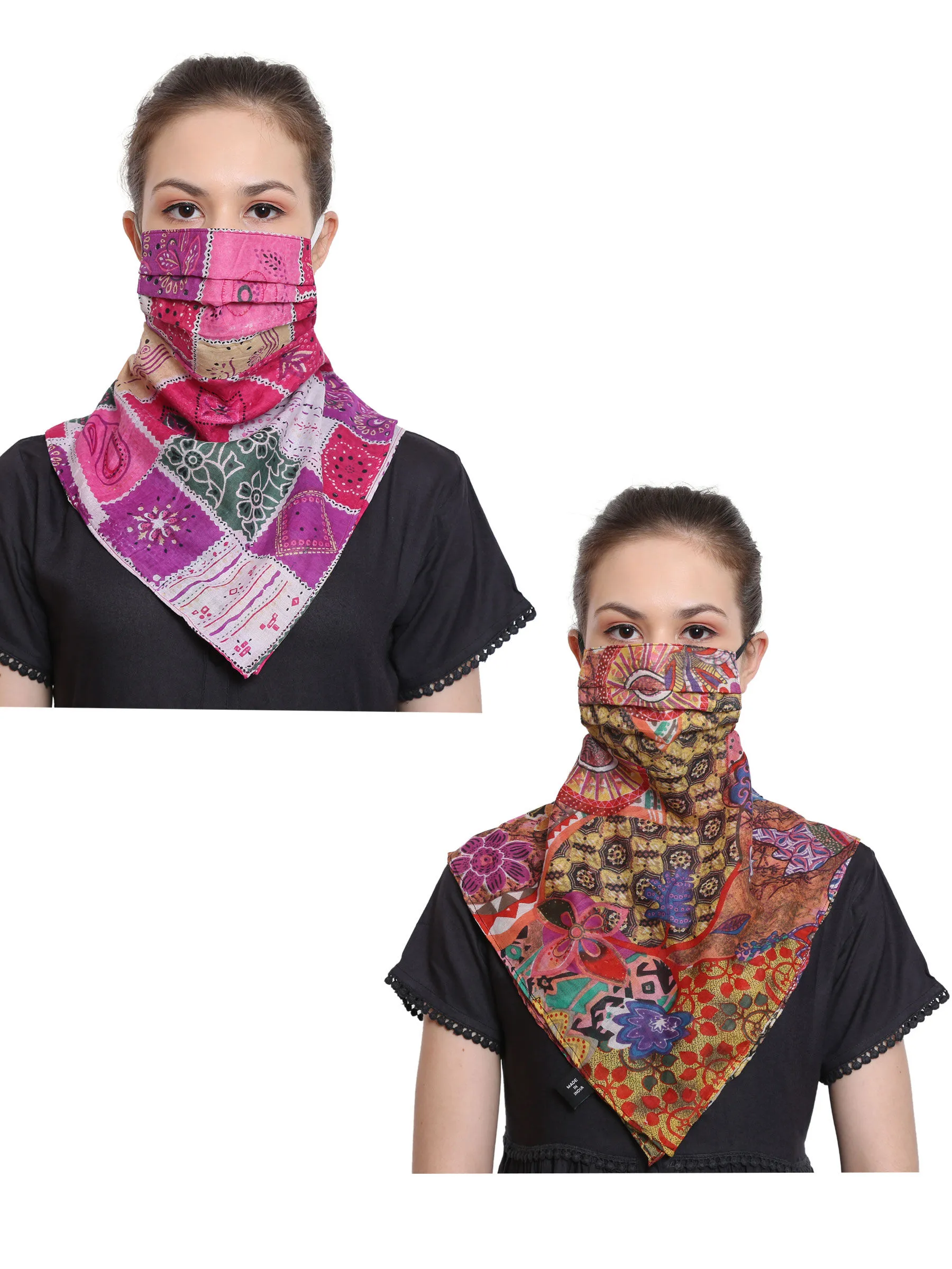 Anekaant Multicolor 3-Ply Reusable Printed Cotton Scarf Style Fashion Mask (Pack Of 2)