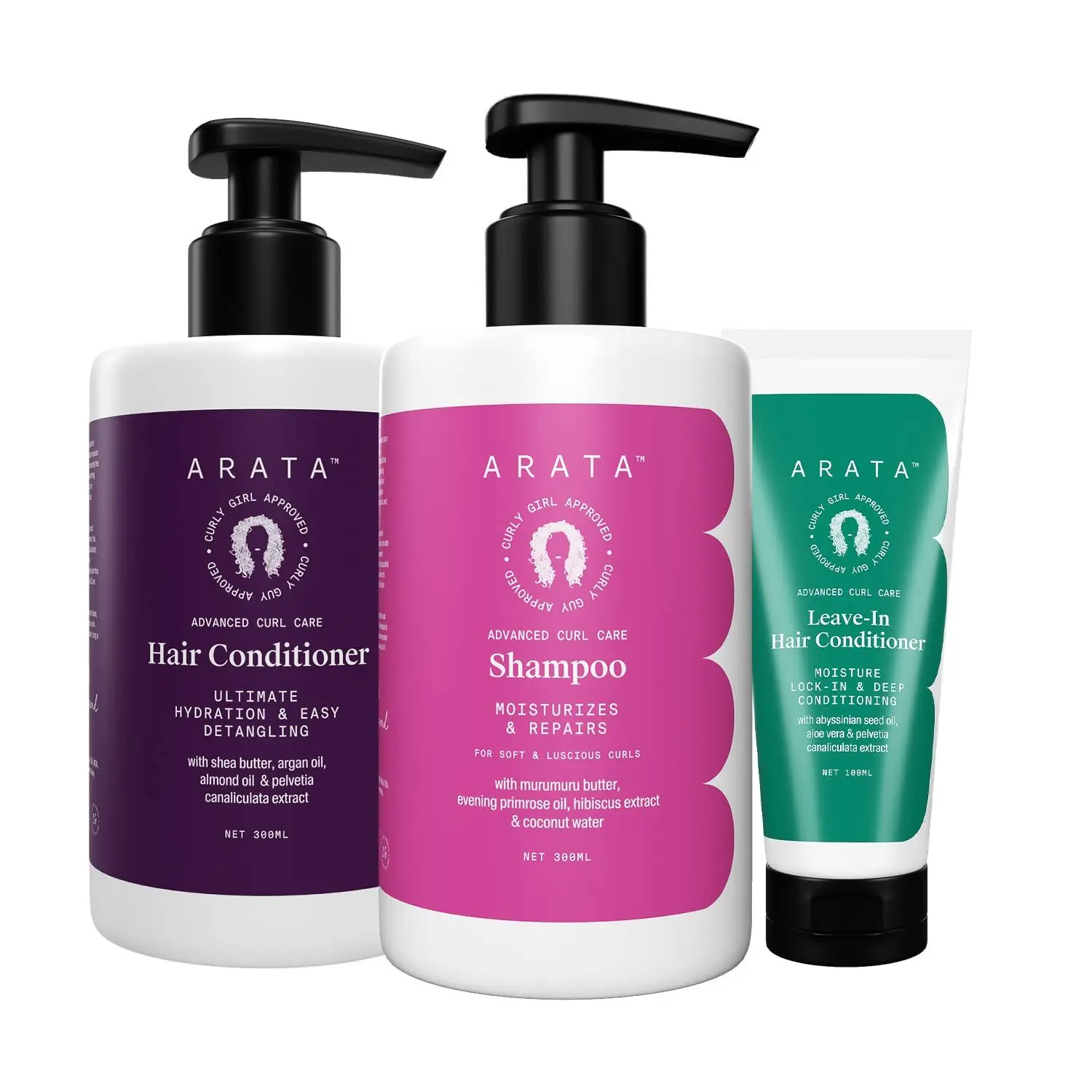 Arata Advanced Curl Care Hair Shampoo (300 ML), Rinse-Out Conditioner (300 ML) & Leave-In Conditioner (100 ML) | Hibiscus Extract, Coconut Water & Shea Butter | Cleanses & Conditions Curls | CG Approved