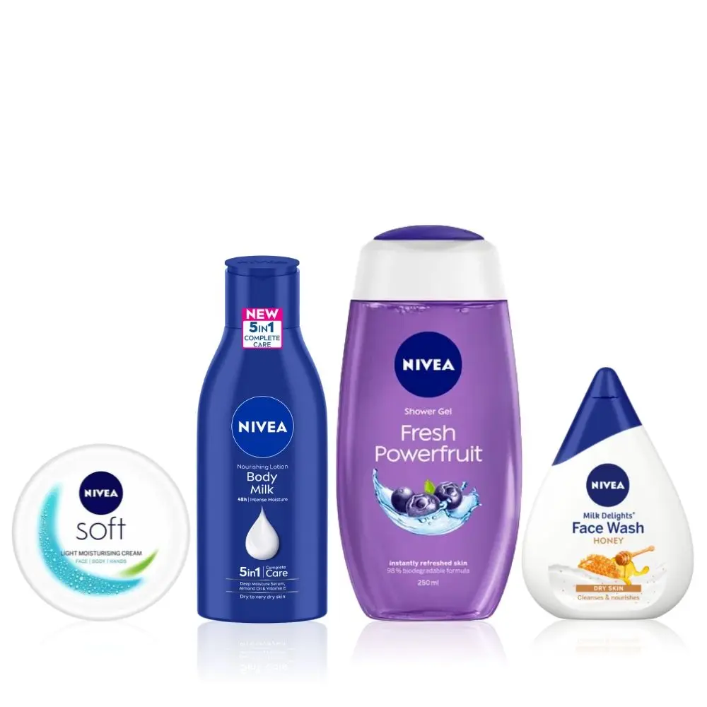 NIVEA Refresh & Revive Skin Combo 2(Powerfruit Fresh Shower Gel (250ml)+Moisturizing Honey Face Wash(100ml)+Almond Oil Body Lotions(120ml)+SOFT Light cream(100ml))