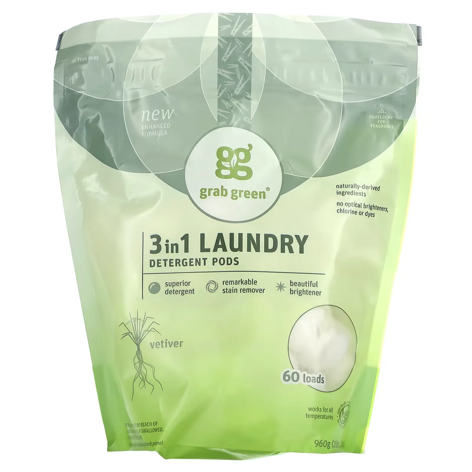 3-in-1 Laundry Detergent Pods, Vetiver, 60 Loads, 2 lbs, 2 oz (960 g)