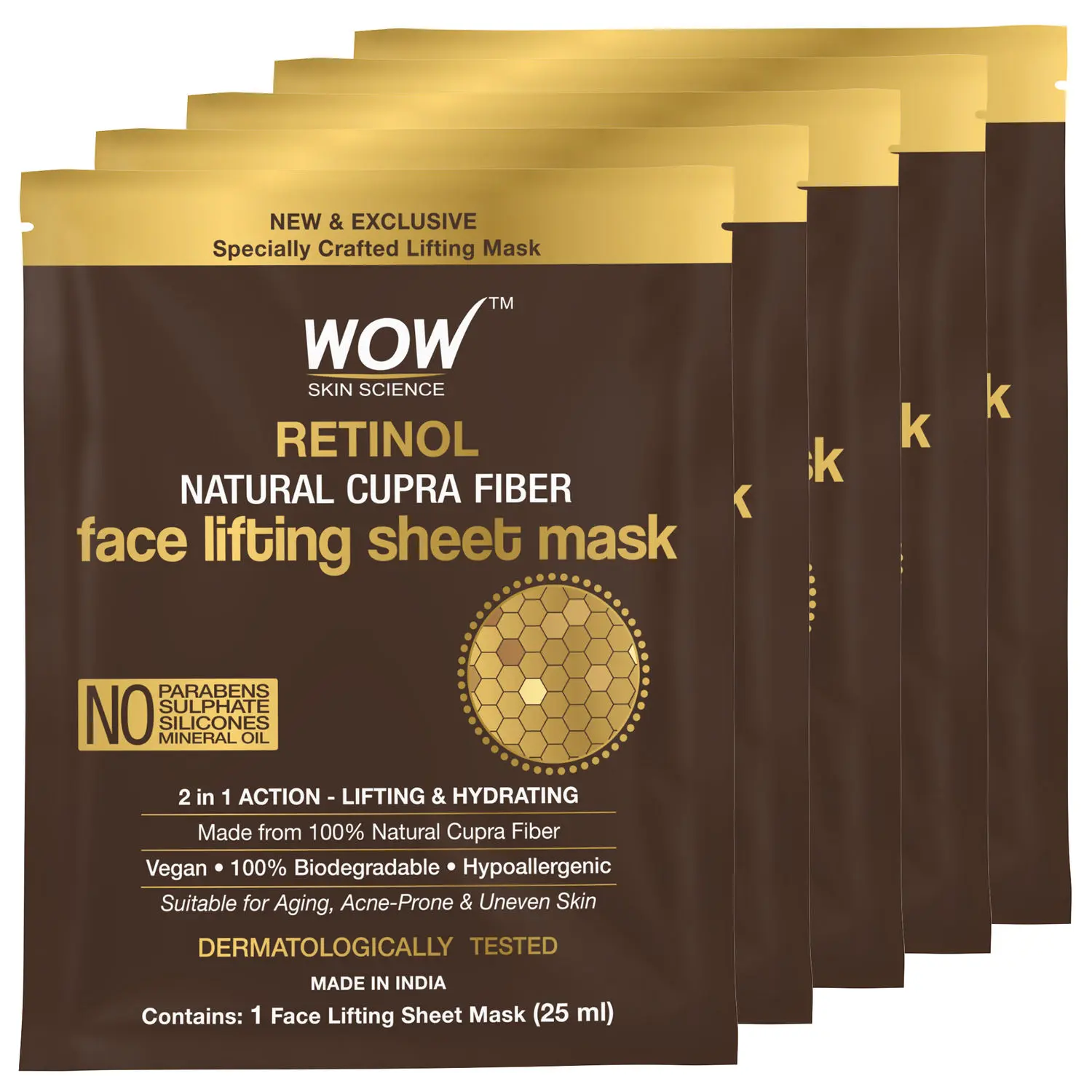 WOW Skin Science Retinol Natural Cupra Fiber Face Lifting Sheet Mask - Boosts Collagen, Reduces Fine Lines & Even Out Complexion - 25 Ml - Pack of 5