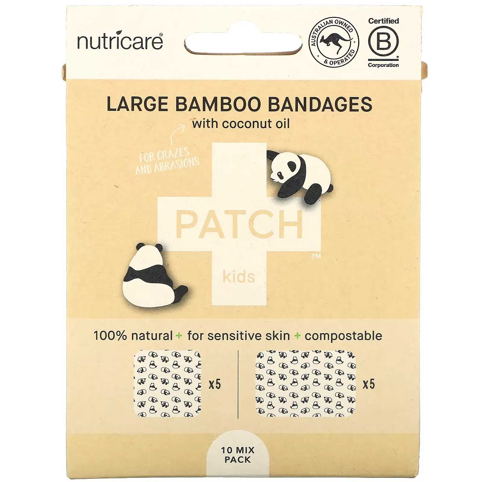 Kids, Large Bamboo Bandages with Coconut Oil, Panda, 10 Mix Pack