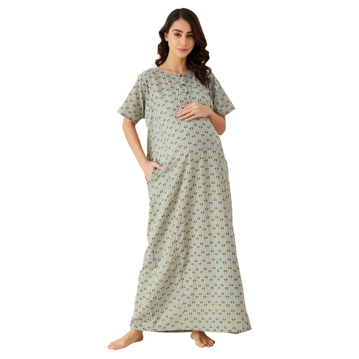 The Kaftan Company Green Patterned Buta Maternity Nightdress (XL)