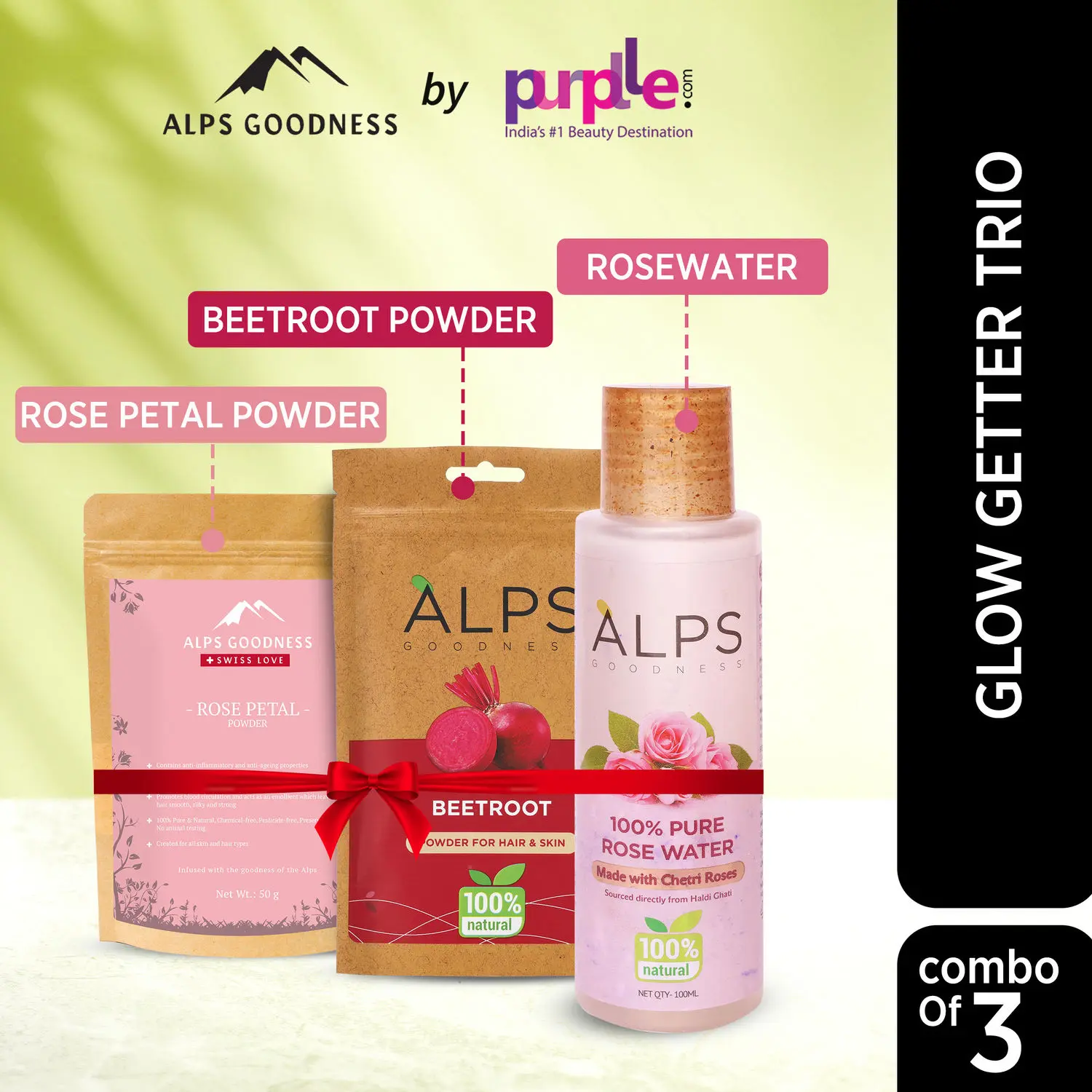 Alps Goodness Glow Getter Trio | Beetroot powder + Rose Petal Powder + 100% Natural Rose water I Glow Up Kit I Skin Brightening Set I Pack of 3