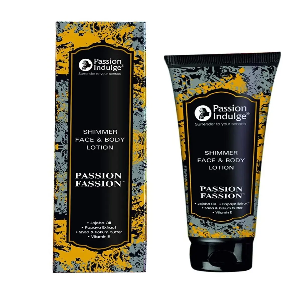 Passion Indulge PASSION-FASSION Gold and Silver shimmer Lotion for deep hydration and provide sun protection