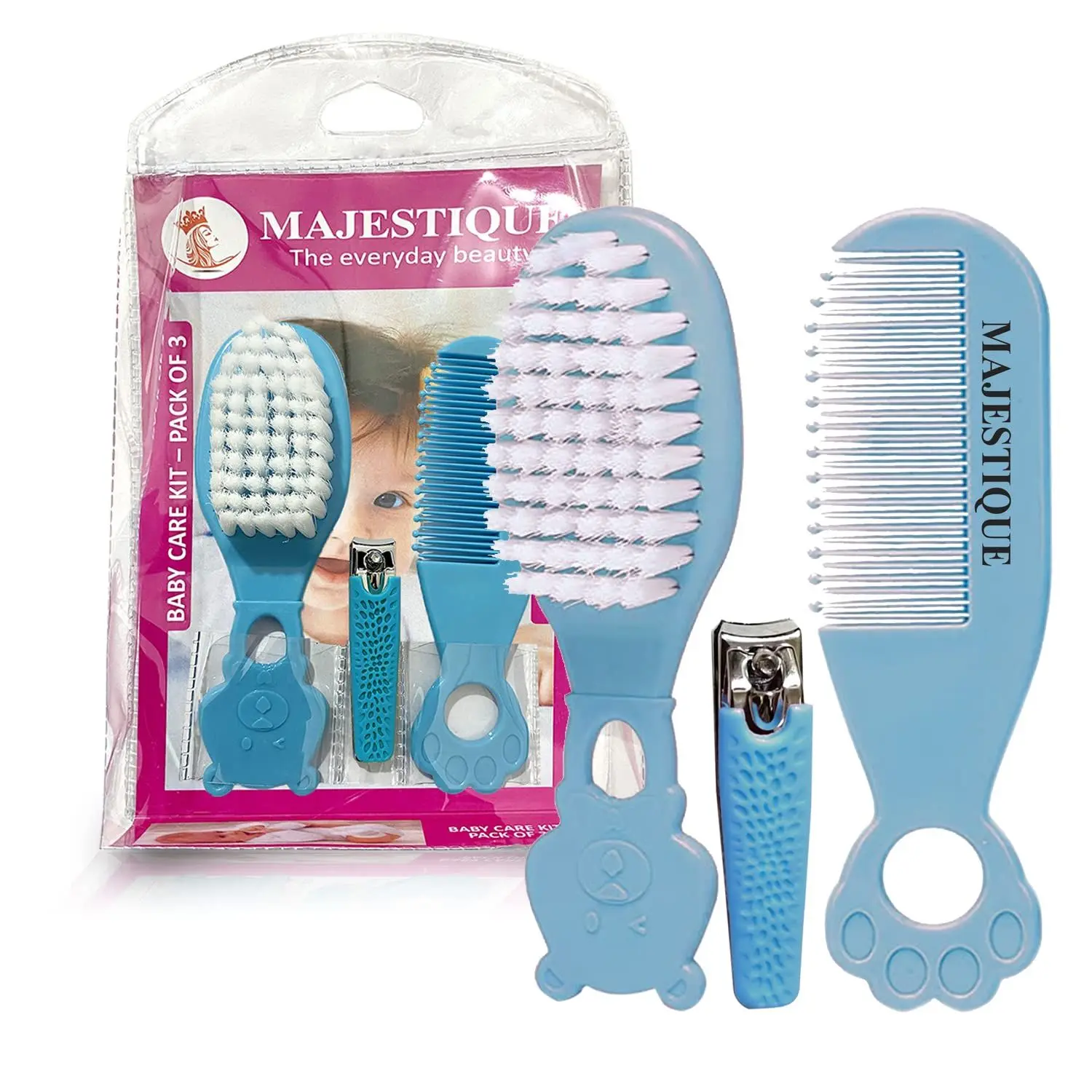 Majestique Baby Grooming Set - Baby Hair Brush, Comb and Nail Cutter Set for Newborns & Toddlers - Blue (Color May Vary)