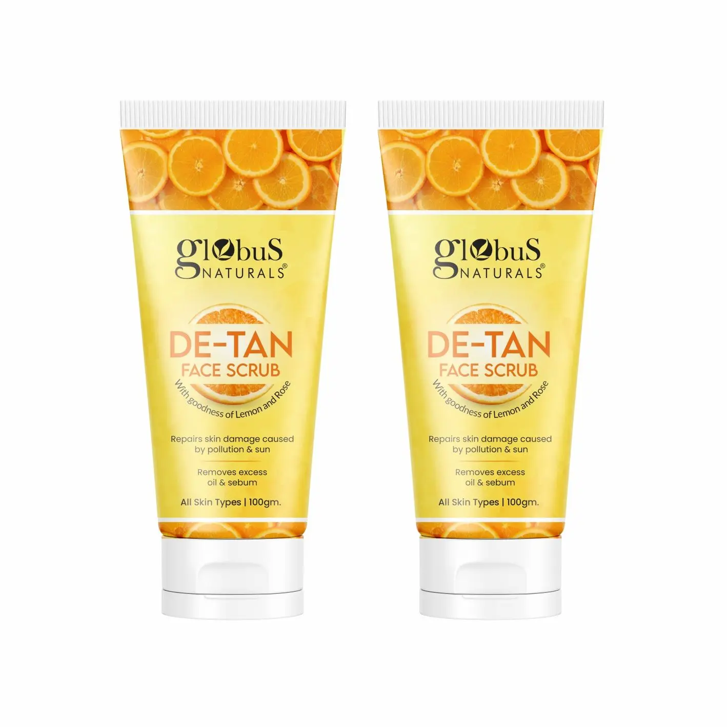 Globus Naturals De Tan Face Scrub, Enriched with Lemon & Rose, 100 gm Pack of 2