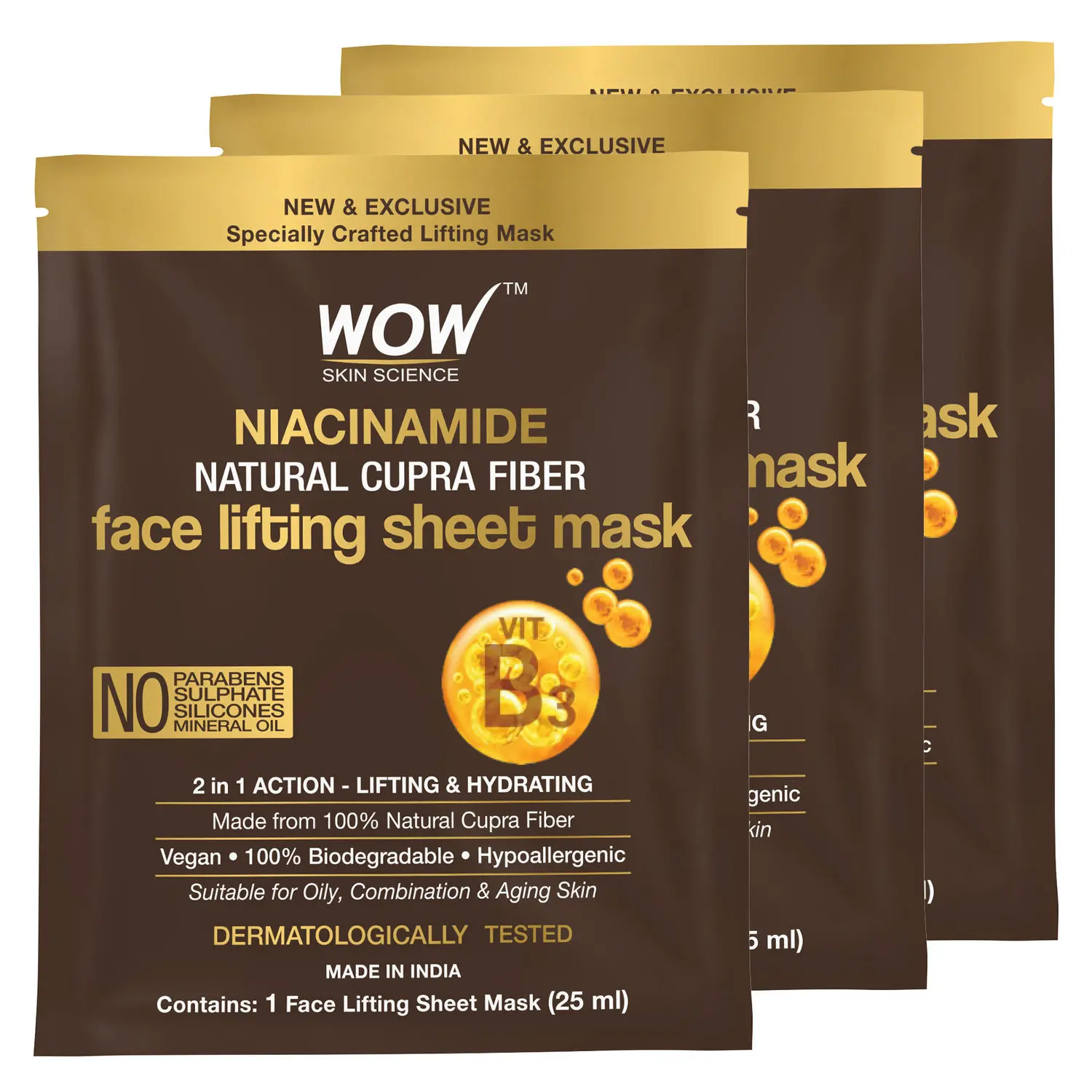 WOW Skin Science Niacinamide Natural Fiber Cupra Face Lifting Sheet Mask - Reduces Blemishes , Restores Skin Barrier And Regulates Sebum - 25 Ml - Pack of 3