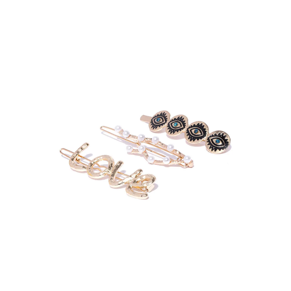 Blueberry Set Of 3 Evil Eye, Love, Pearl Detailing Bobby Hair Pins