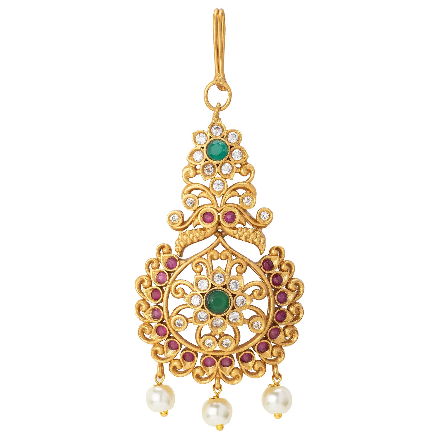 Peora Fashion Matte Gold Finish Ruby Emerald CZ Stone Pearl Maang Tikka Jewellery (PF42TKFNT621RG)