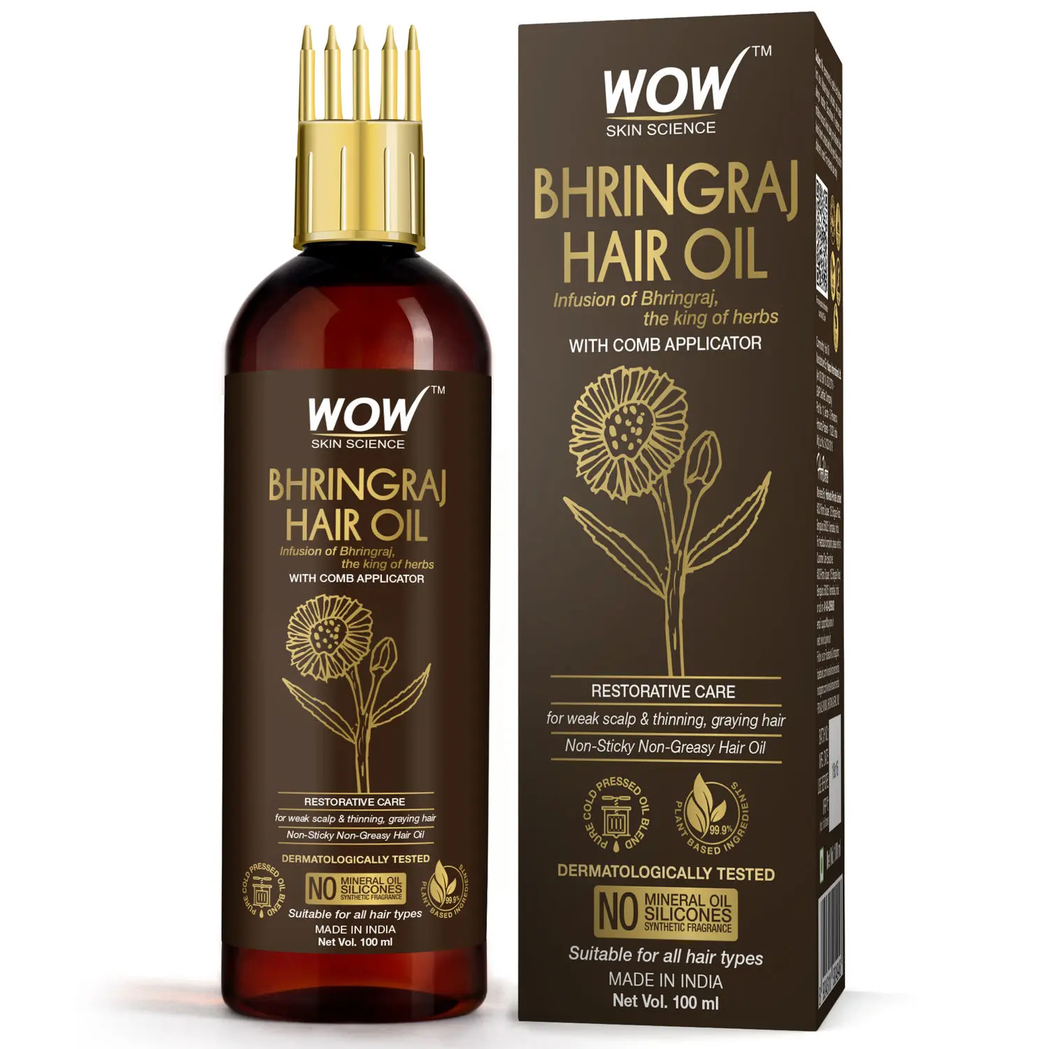 WOW Skin Science Bhringraj Hair Oil - with Comb Applicator - 100mL