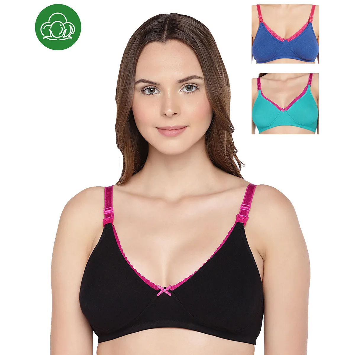 Inner Sense Organic Cotton Antimicrobial Laced Nursing Bra Pack of 3 - Multi-Color (34C)