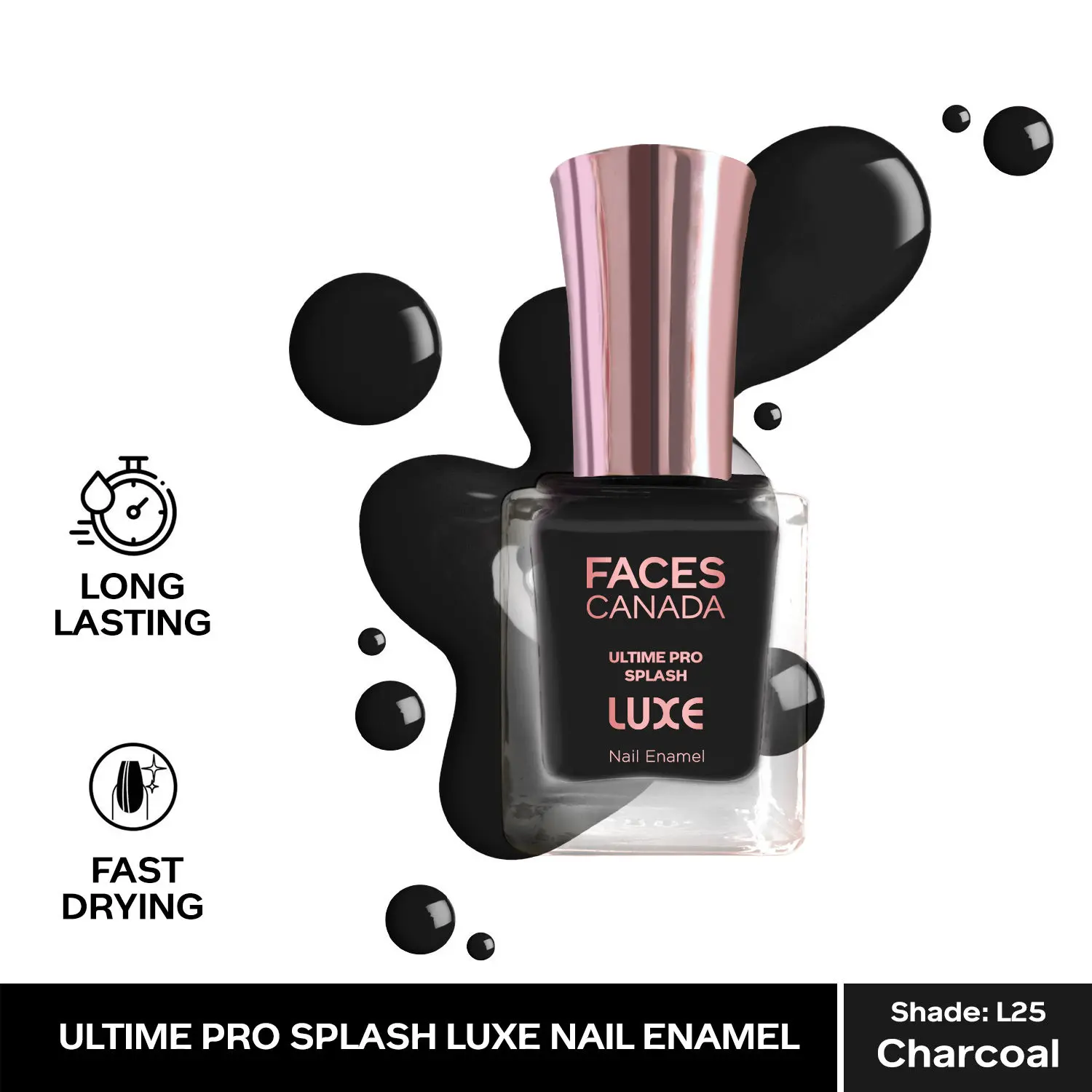 FACESCANADA Ultime Pro Splash Luxe Nail Enamel I Quick-drying I Long lasting I Even-Finish I Vegan I Cruelty-free I Non-Toxic I Ethanol-free I Charcoal (L25)12ml