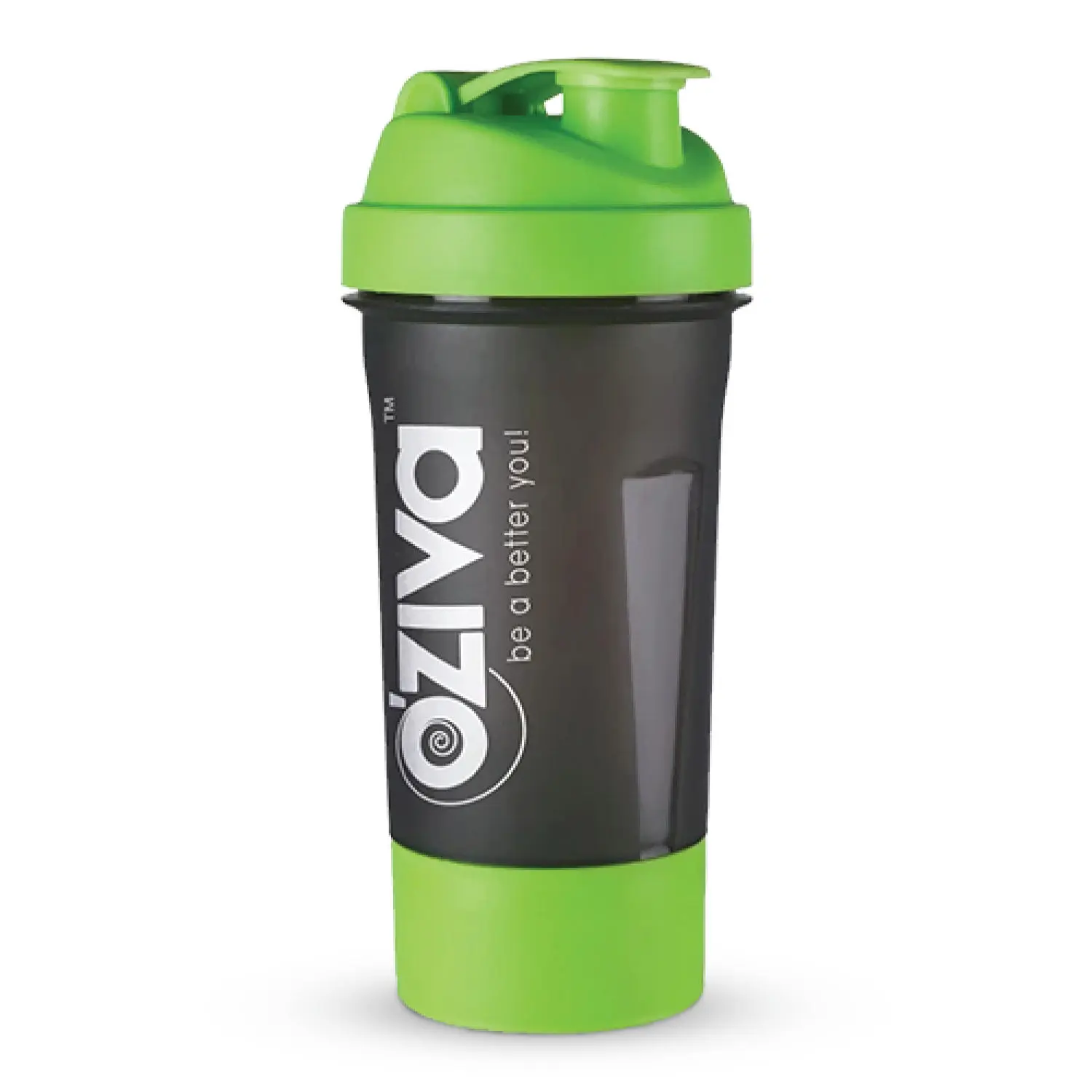 OZiva Shaker (600 ml), Green top with Detachable Storage Compartment & Mesh Strainer