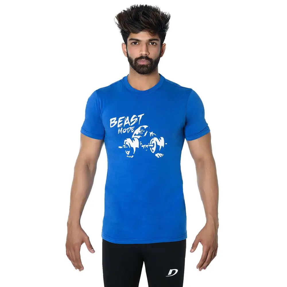 DK Active Wear Half Sleeve Gym T Shirt (Beast Mode),  Royal Blue and White  Medium