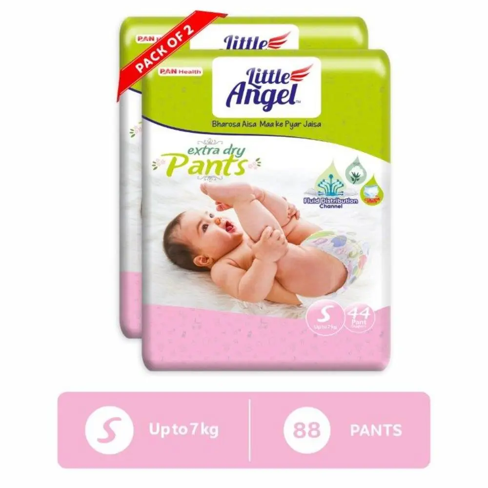 Little Angel Extra Dry Baby Pants Diaper, Small (S) Size, 88 Count, Super Absorbent Core Up to 12 Hrs. Protection, Soft Elastic Waist Grip & Wetness Indicator, Pack of 2, 44 count/pack, Upto 7kg
