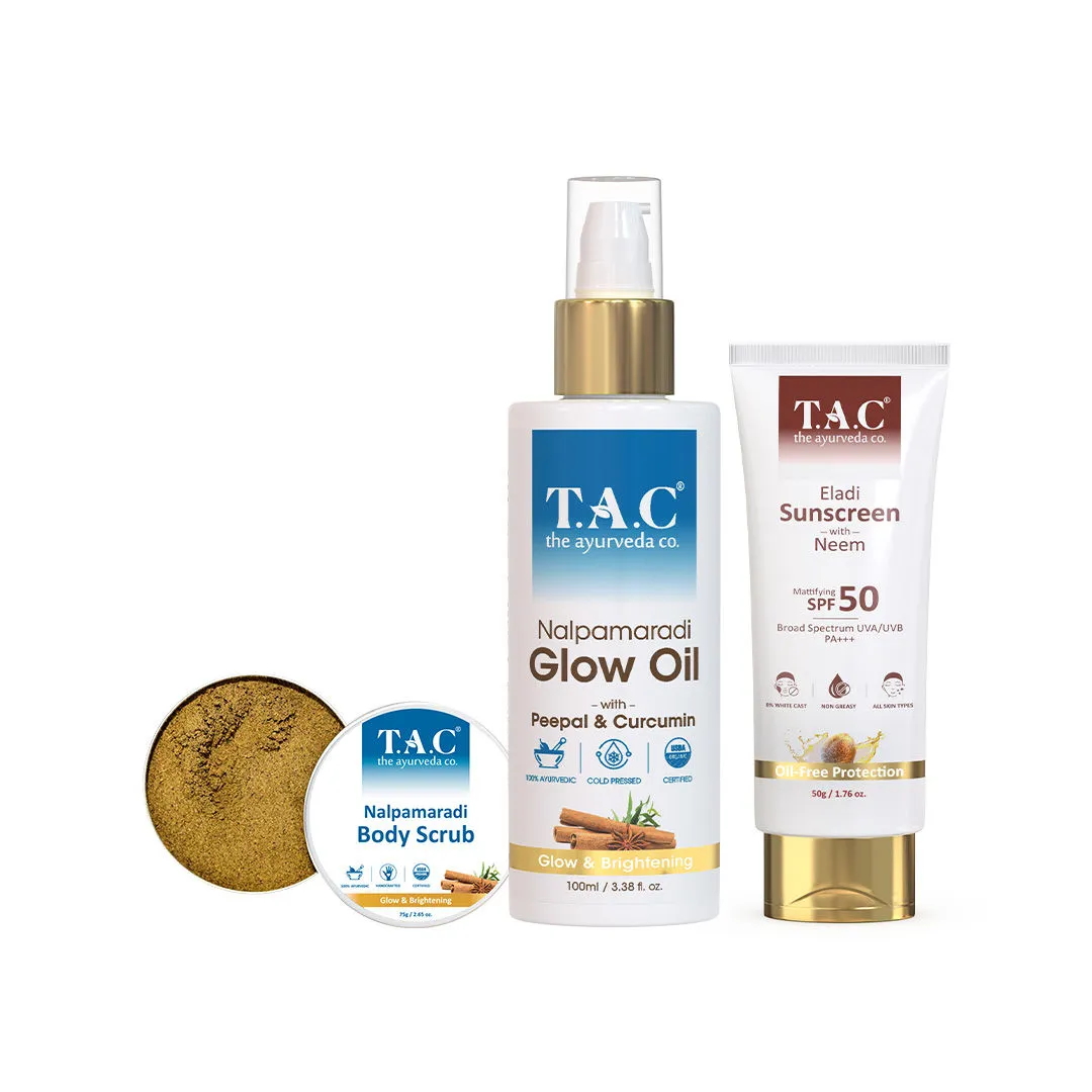 TAC - The Ayurveda Co. Eladi Triphla & Hemp Seed Oil Body Polisher Scrub Oil & SPF 50 Sunscreen