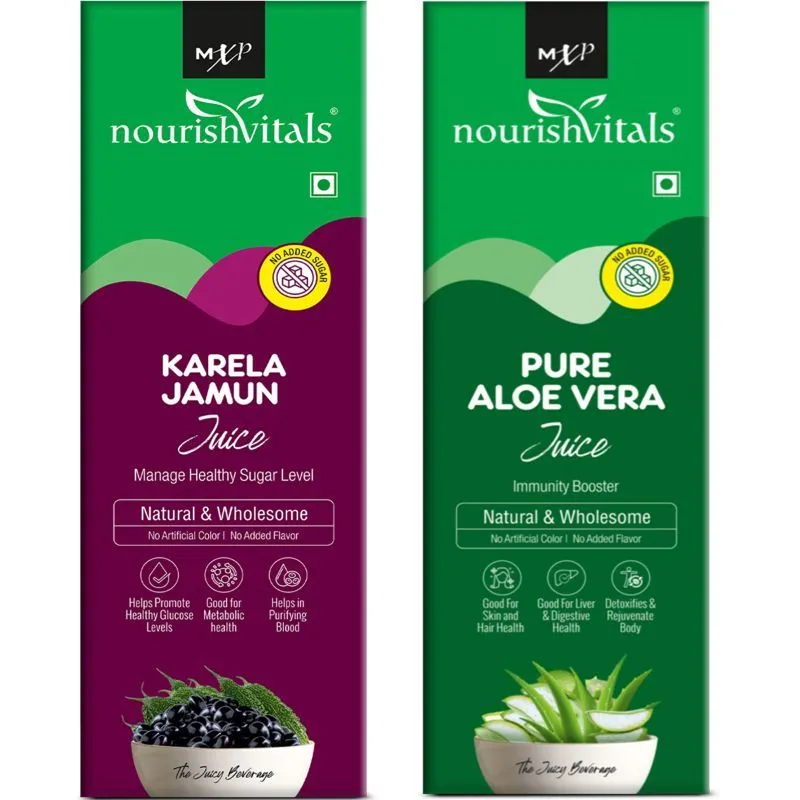 Nourish Vitals Healthcare Juices Combo - Karela Jamun Juice + Pure Aloe Vera Juice