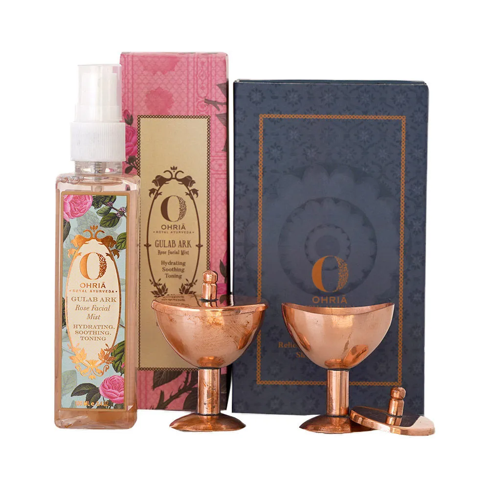 Ohria Ayurveda Eye Cups Pure Copper with Gulab Ark Rose Facial Mist