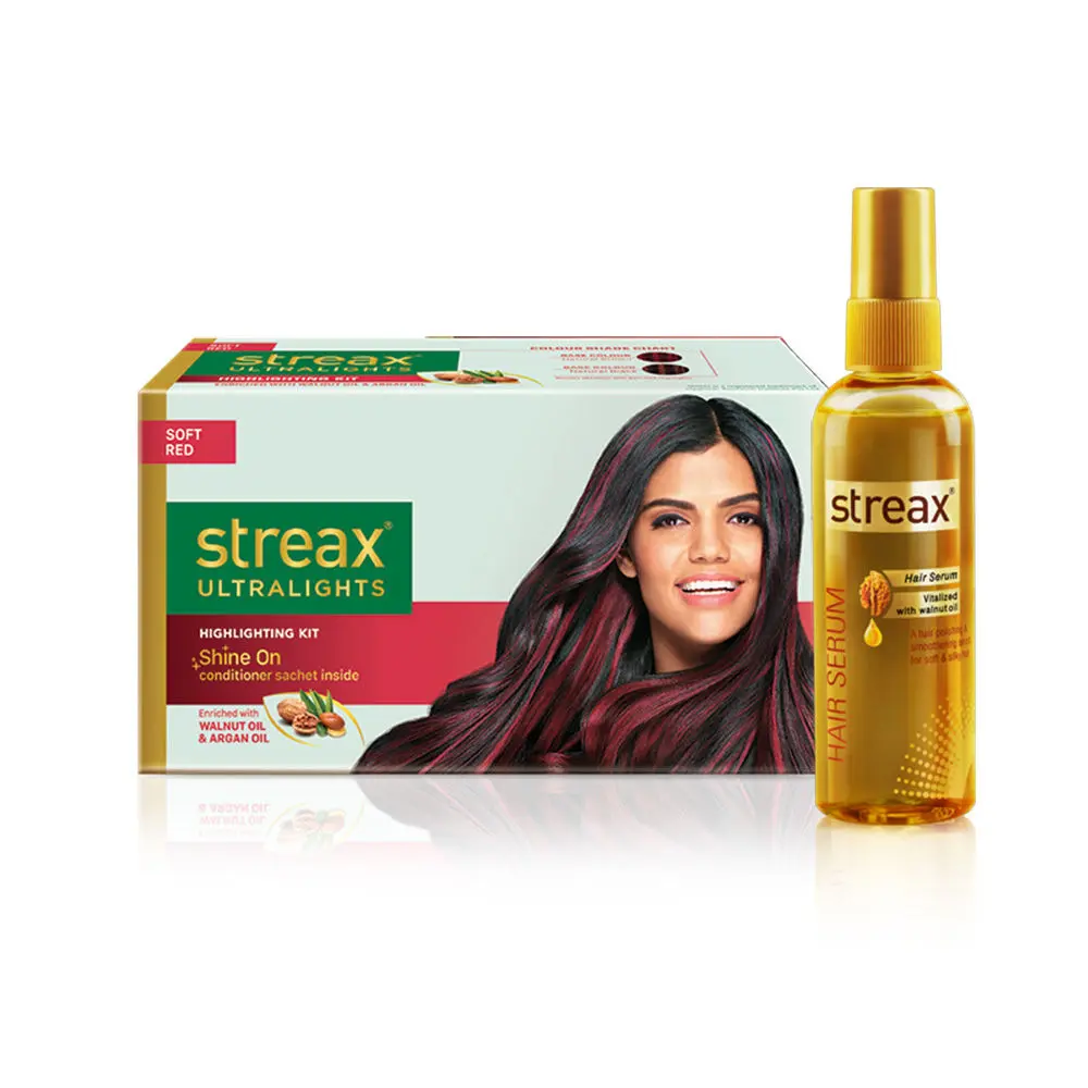 Streax Hair Serum vitalised with Walnut Oil + Streax Ultralights Highlighting Kit- Soft Red (45 ml + 80 ml)