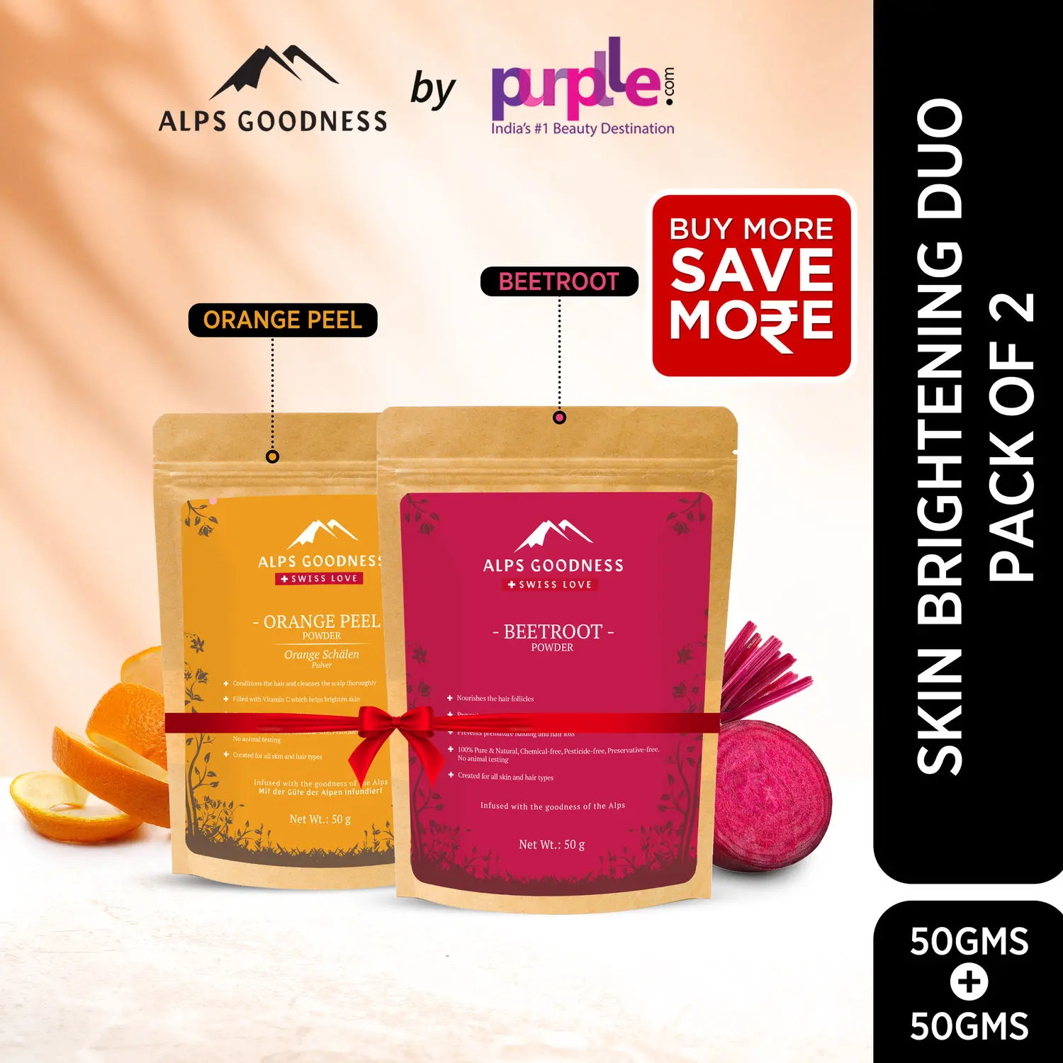 Alps Goodness Brightening Duo (Pack of 2) | Organic Beetroot & Orange Peel Powder | Super Savings Pack | 100% Natural & Pure | Best for Hair & Skin | Festive Glow pack (2 x 50g)