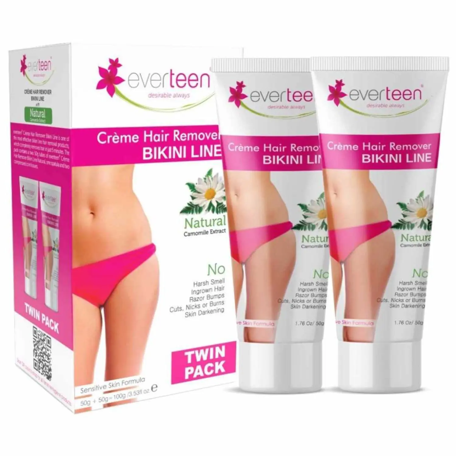 everteen 50g+50g Natural Bikini Line Hair Remover Cream for Women – 1 Twin Pack