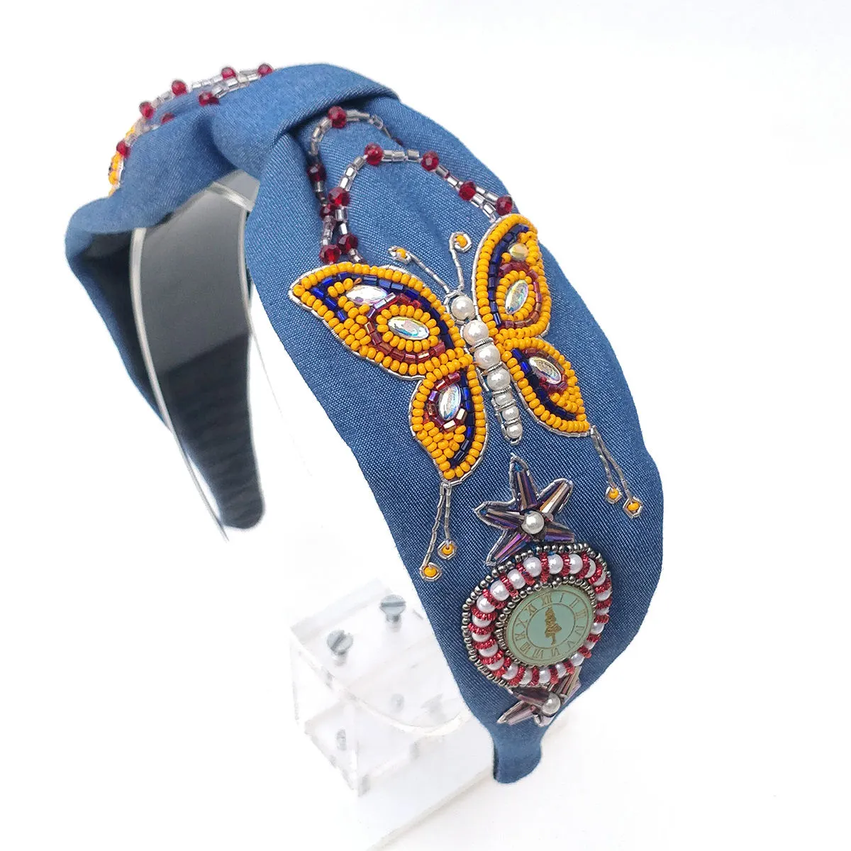 Diya Aswani Denim Yellow Butterfly With Clock Hairband