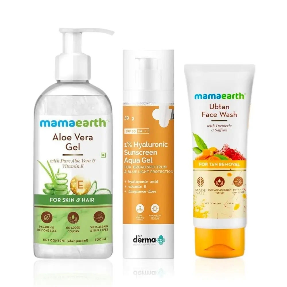 Mamaearth x The Derma Co daytime skincare combo 2 (Mamaearth ubtan face wash (100ml) + Mamaearth aloe vera gel (300ml) + The Derma Co Hyaluronic gel sunscreen (50g))