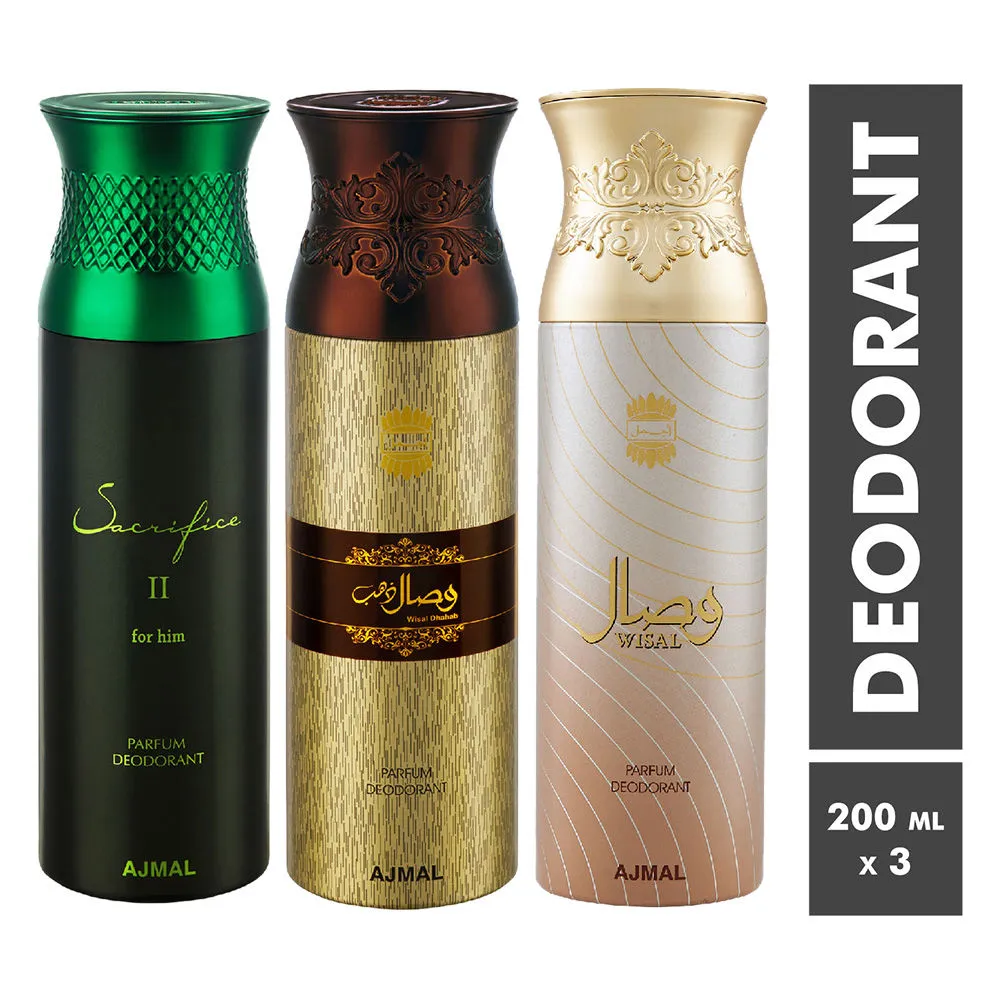 Ajmal Sacrifice II, Wisal Dhahab & Wisal Parfum Deodorant For Men and Women - Pack Of 3