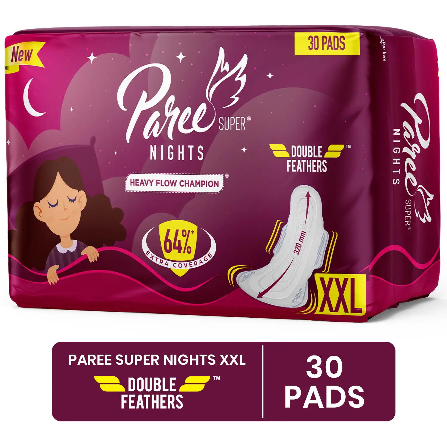 Paree Super Nights Sanitary Pads with Double Feather for Heavy Flow, XXL | All Night Leakage Protection and Convenient Disposable Pouch - 30 Pads