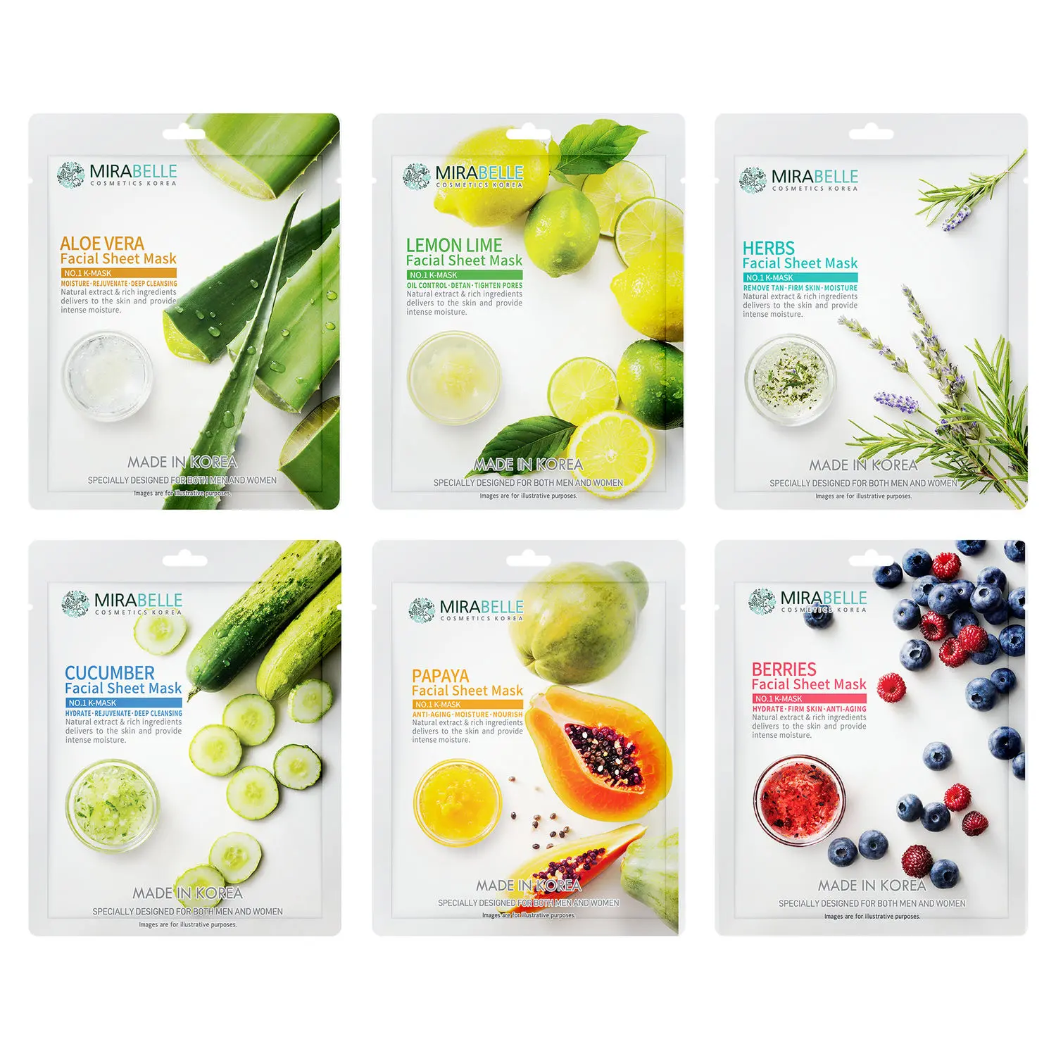 Mirabelle Korea Fairness Facial Mask (Aloevera, Berries, Cucumber, Herbs, Lemon, Papaya - Combo Pack Of 6) (25 ml)