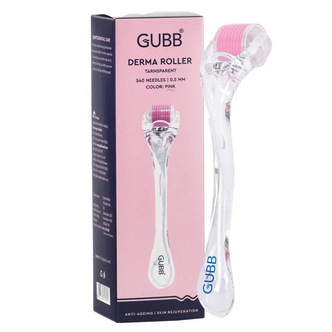 GUBB Derma Roller 0.5mm for Hair Regrowth & Skin Aging, 540 Micro Needles Roller - Transparent Pink