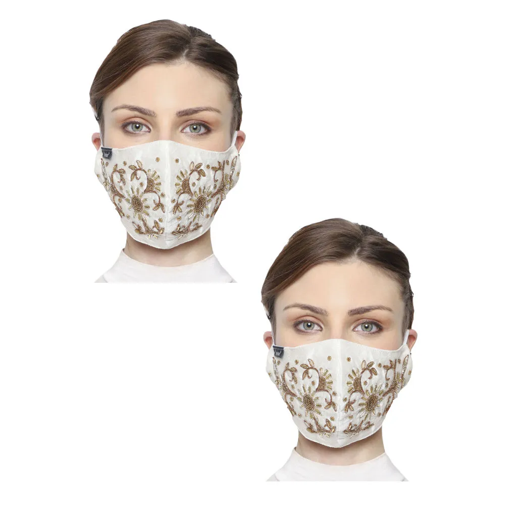 Anekaant Pack Of 2 White & Gold 3-Ply Art Silk Embellished Fabric Fashion Mask