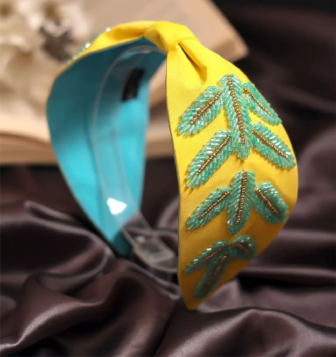 Bellofox Yellow Colored Embellished Tyra Luxe Headband In French Crepe Silk Blend