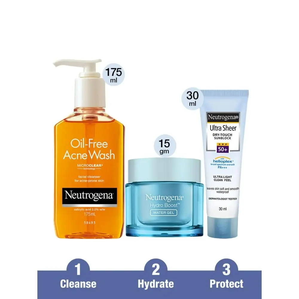 Neutrogena Oil Free Acne Wash - 175 ml & Neutrogena Hydro Boost Water Gel - Mini (15gm) & Neutrogena Ultra Sheer Spf 50 Cream - 30 ml