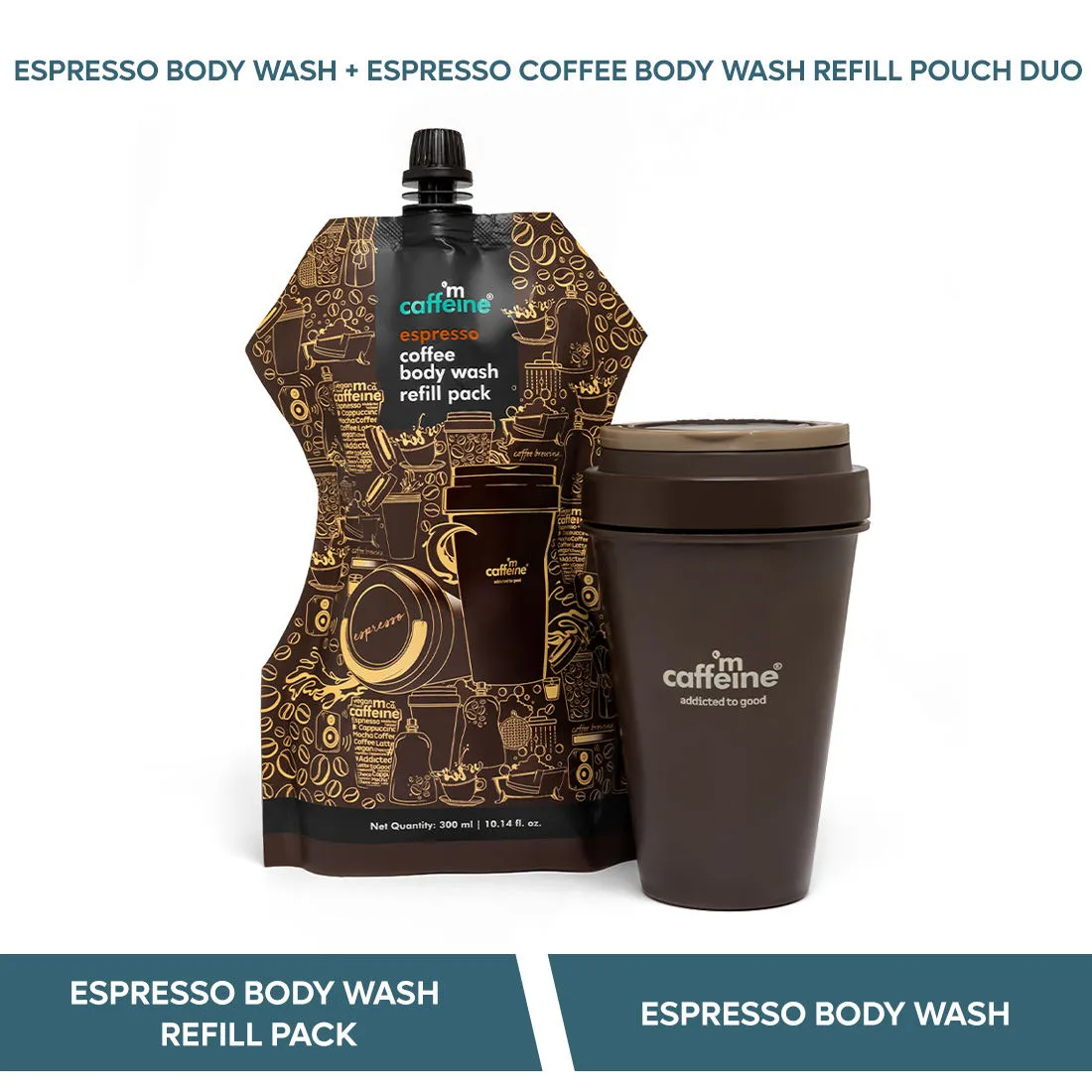 MCaffeine Espresso Coffee Body Wash Value Pack with Refill - Soap Free Exfoliating Shower Gel with AHA