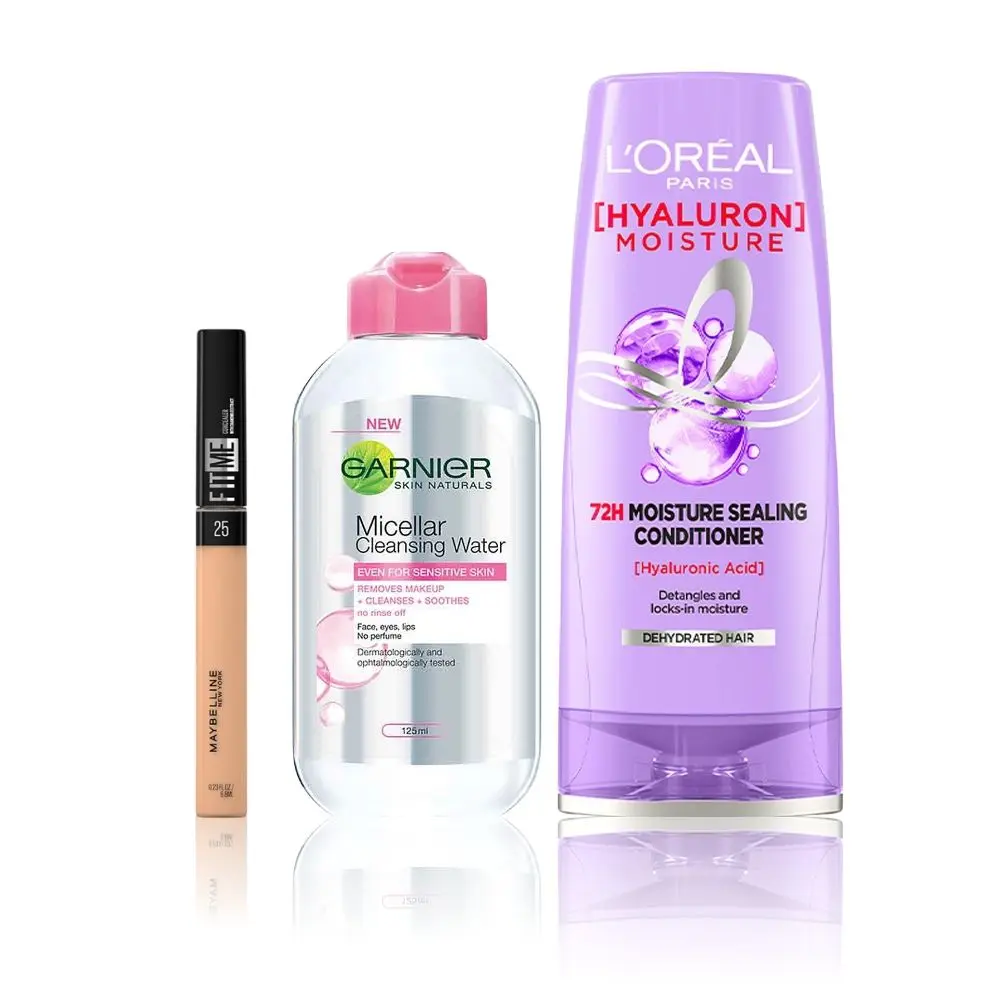 Maybelline x Garnier x L'Oreal Paris Flawless Skin and Hair Combo (Maybelline Fit Me Concealer - Medium 25 (6.8ml), Garnier Micellar water (125 ml), L'Oreal Paris Hyaluron Moisture conditioner (180 ml))