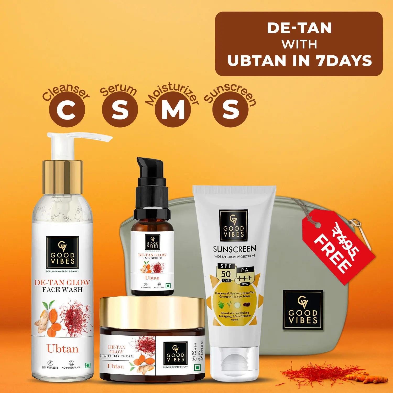 Good Vibes De- tan Ubtan CSMS Glow Combo (Set f 4) (Facewash + Serum + Moisturizer + Sunscreen)